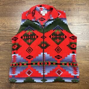 Back in the Saddle Vest Women Large Red Blue Green Aztec Fleece Full Zip Pockets